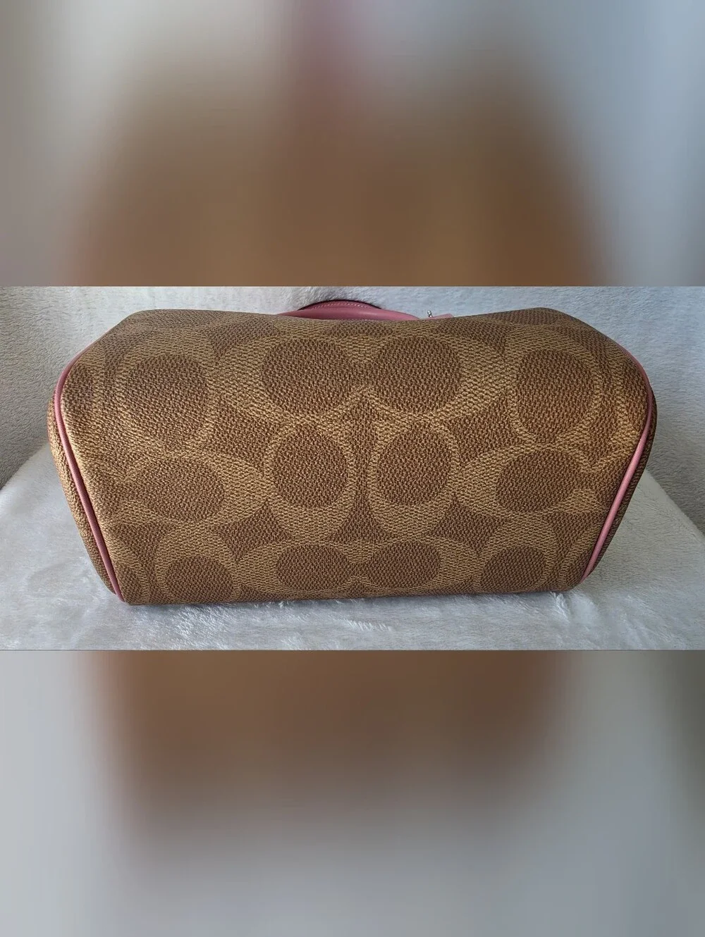 COACH Brown Signature Canvas Satchel with Pink Trim